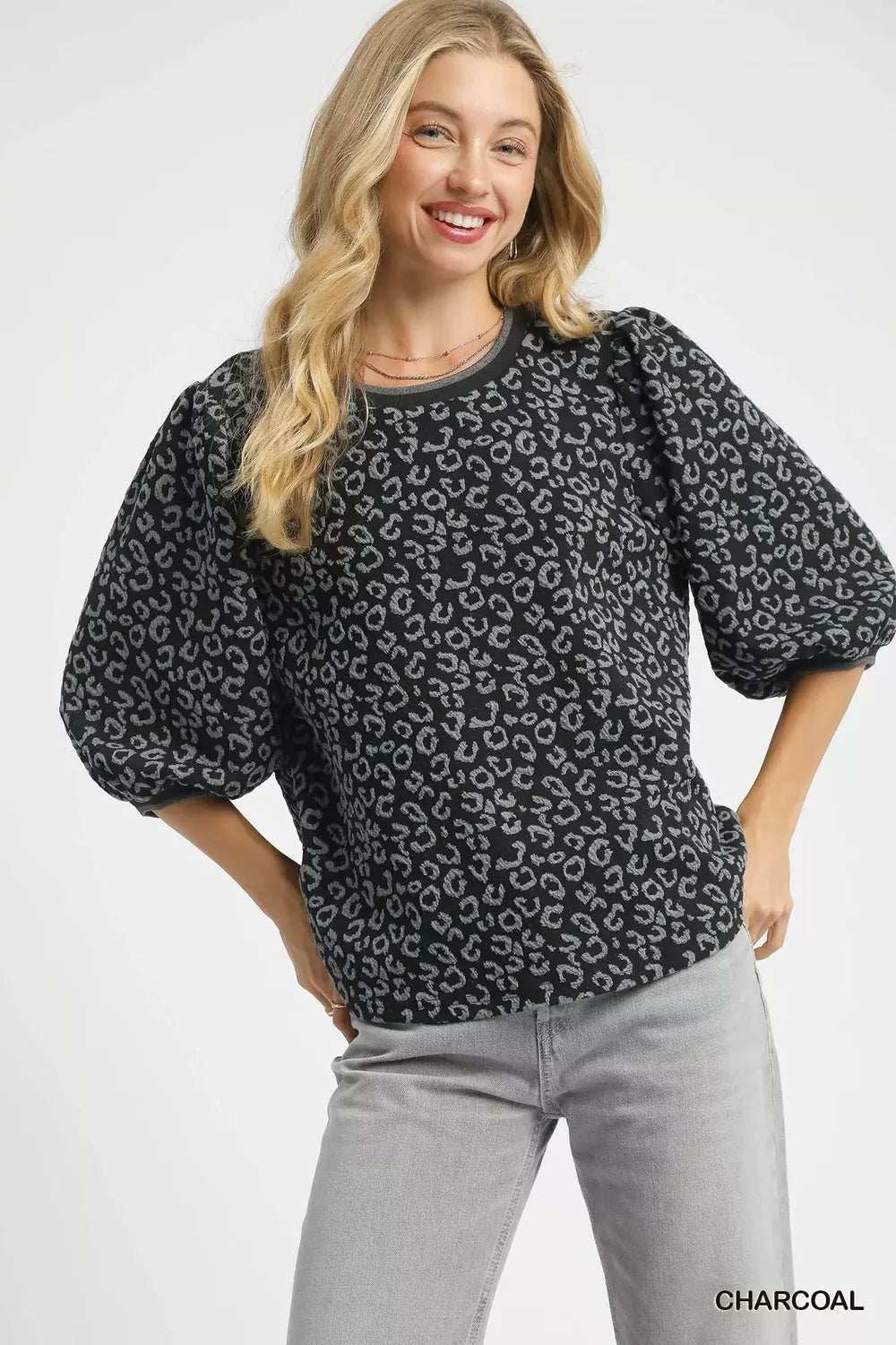 Umgee Leopard Print Jacquard Blouse with Puff Sleeves - Trendsi - Flyclothing LLC