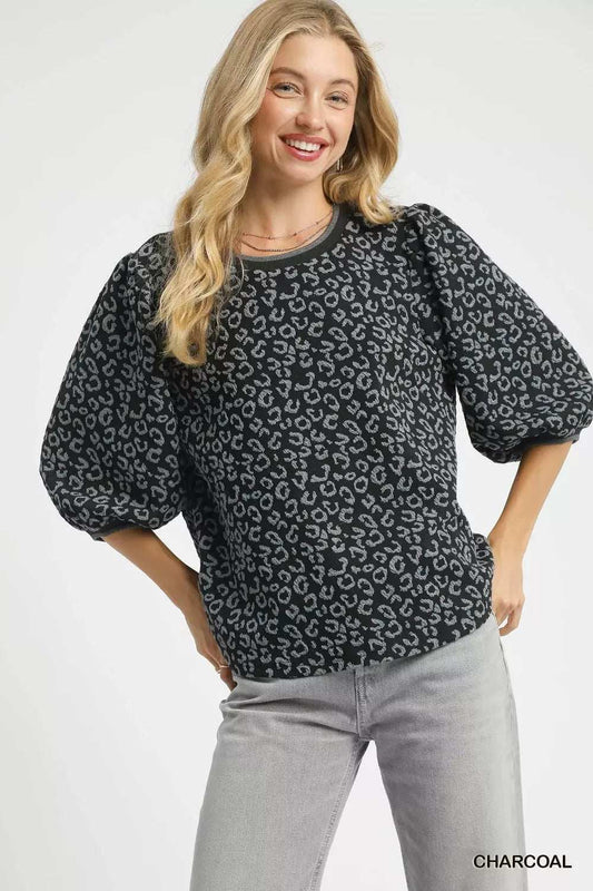Umgee Leopard Print Jacquard Blouse with Puff Sleeves - Trendsi - Flyclothing LLC