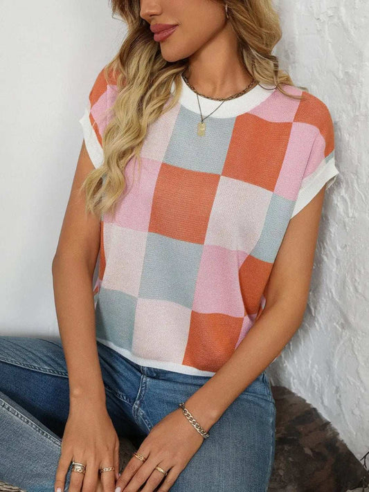 Mandy Checkered Round Neck Cap Sleeve Knit Top - Trendsi - Flyclothing LLC