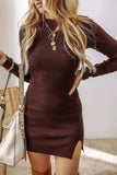 Slit Mock Neck Long Sleeve Wrap Sweater Dress - Trendsi - Flyclothing LLC