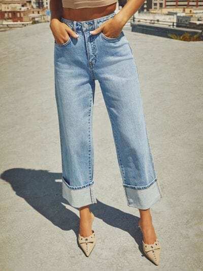 High Waisted Straight Leg Rolled Jeans - Trendsi - Flyclothing LLC