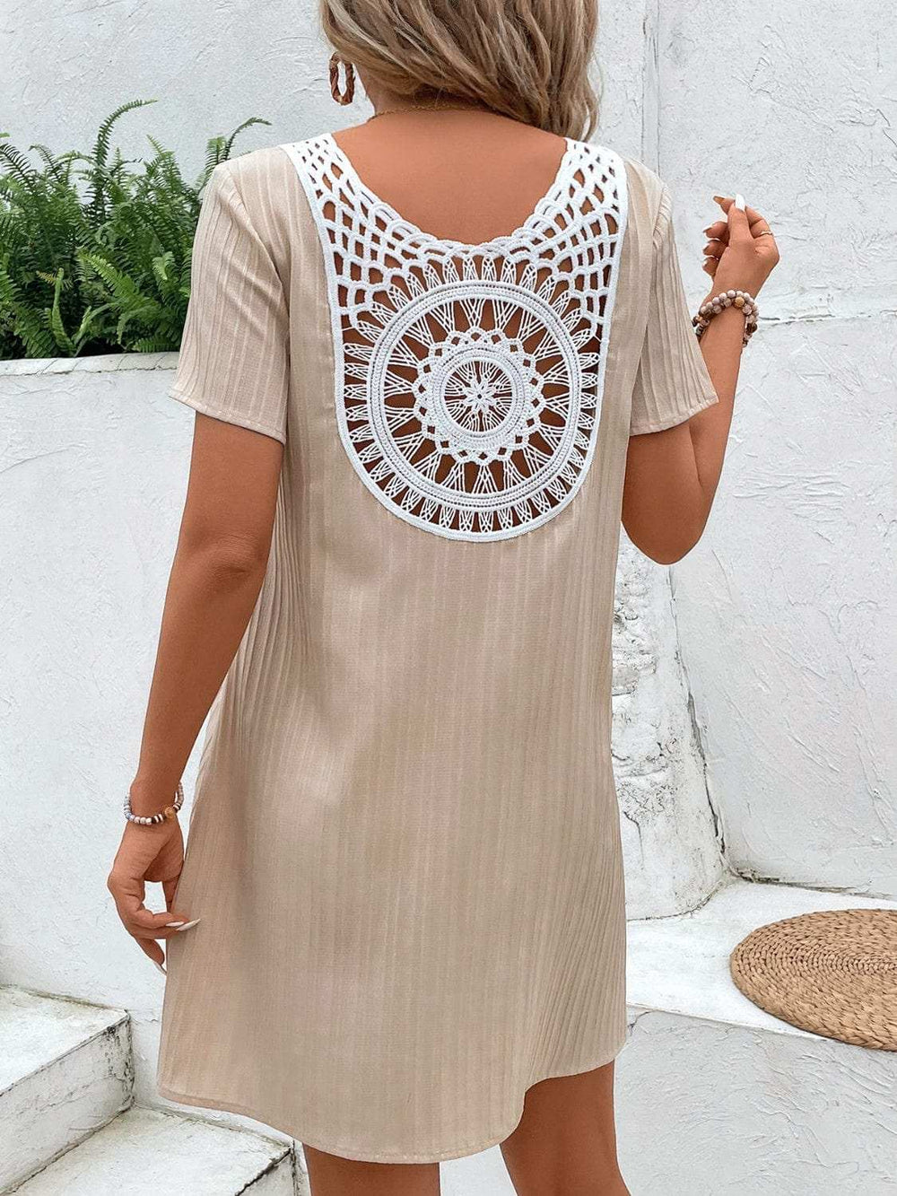 Lace Detail V-Neck Short Sleeve Mini Dress - Trendsi - Flyclothing LLC