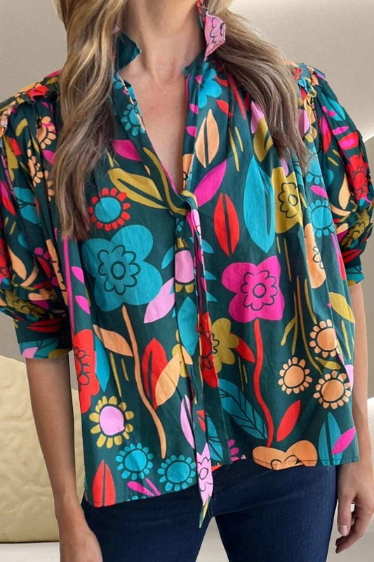 Printed Tie Neck Half Sleeve Blouse - Trendsi - Flyclothing LLC