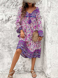 Tassel Tied Printed Long Sleeve Dress - Trendsi - Flyclothing LLC