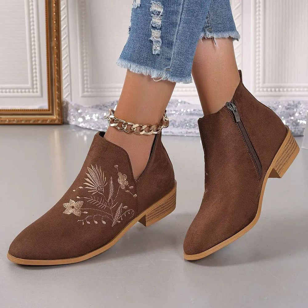 Embroidered Suede Point Toe Block Heel Boots - Trendsi - Flyclothing LLC