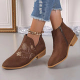 Embroidered Suede Point Toe Block Heel Boots - Trendsi - Flyclothing LLC