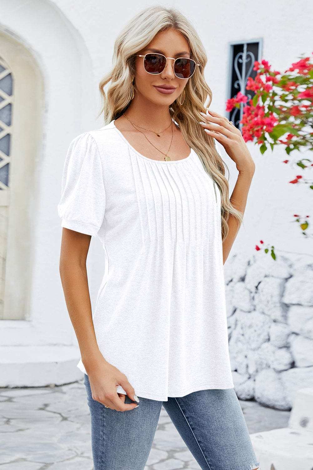 Ruched Scoop Neck Short Sleeve Blouse - Trendsi - Flyclothing LLC