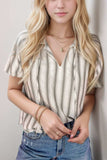 Stripe Frilled Tie Neck Short Sleeve Blouse - Trendsi - Flyclothing LLC