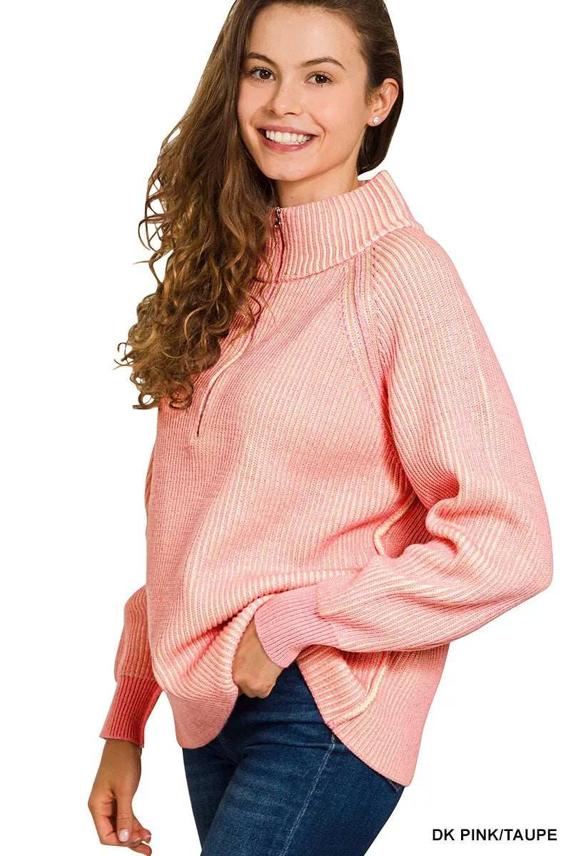 Zenana Ribbed Two Tone Half Zip Sweater - Trendsi - Flyclothing LLC