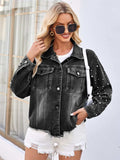 Pearl Trim Raw Hem Denim Jacket - Trendsi - Flyclothing LLC