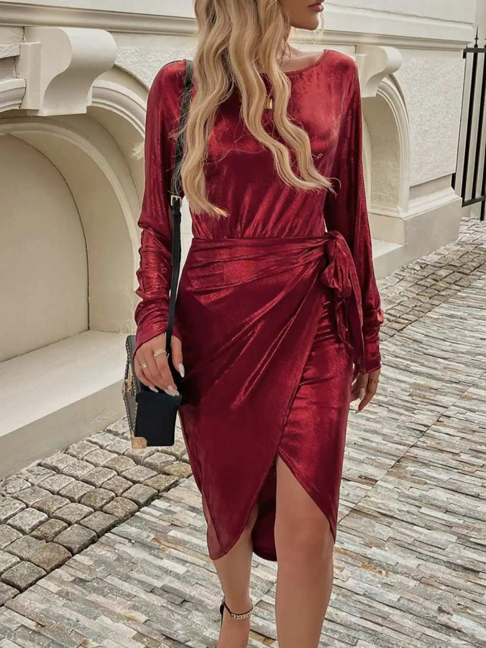 Devine Tied Boat Neck Long Sleeve Dress - Trendsi - Flyclothing LLC