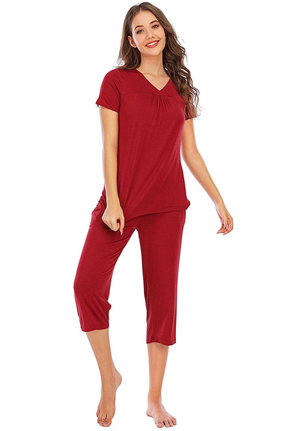 V-Neck Short Sleeve Top and Pants Lounge Set - Trendsi - Flyclothing LLC