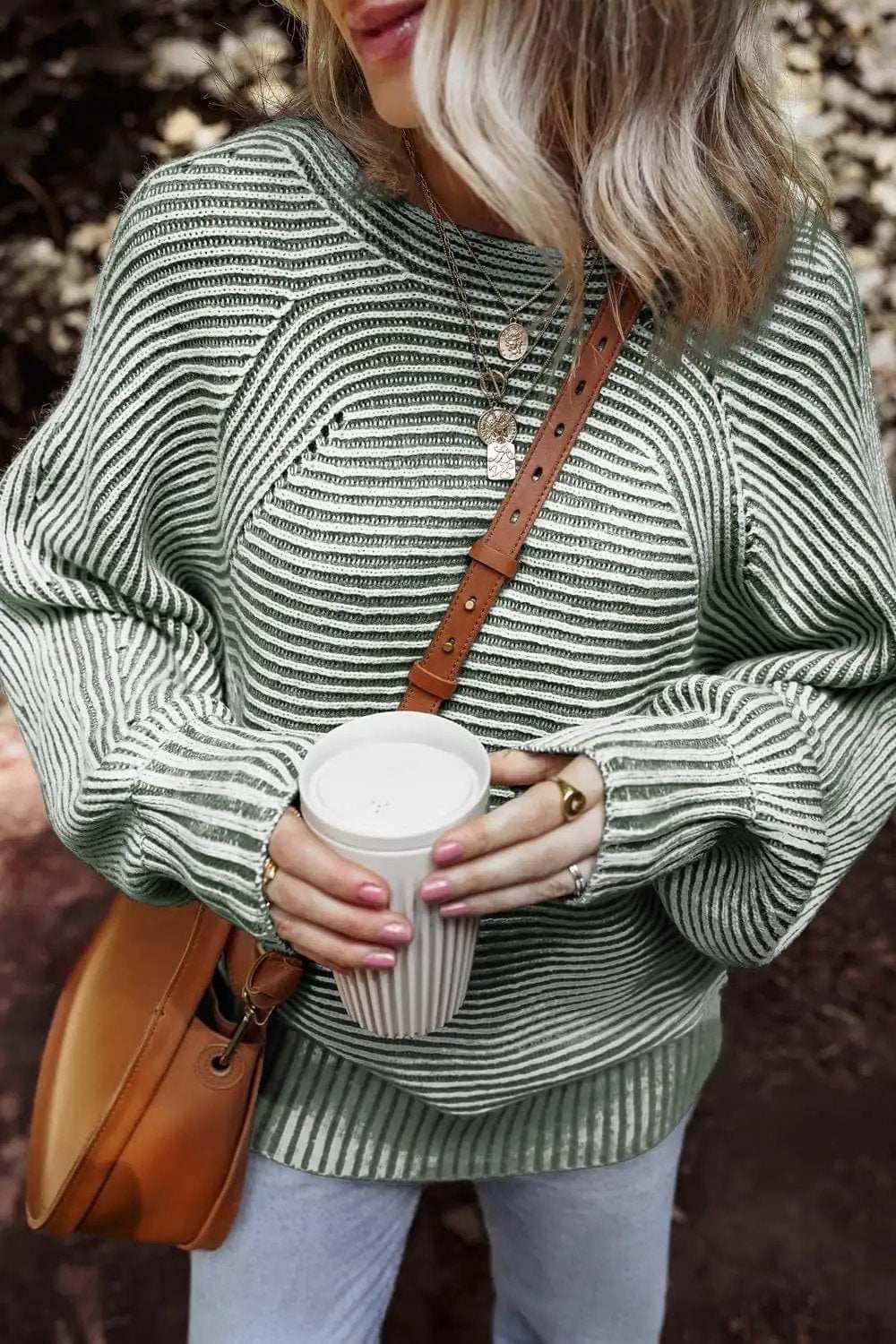 Textured Striped Round Neck Long Sleeve Top - Trendsi - Flyclothing LLC