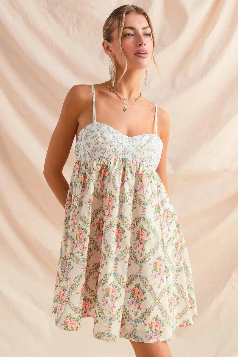 SO ME Mixed Floral Print Sleeveless Mini Dress - Trendsi - Flyclothing LLC