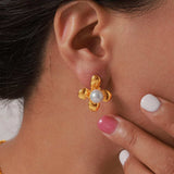 Synthetic Pearl Titanium Steel Flower Earrings - Trendsi - Flyclothing LLC