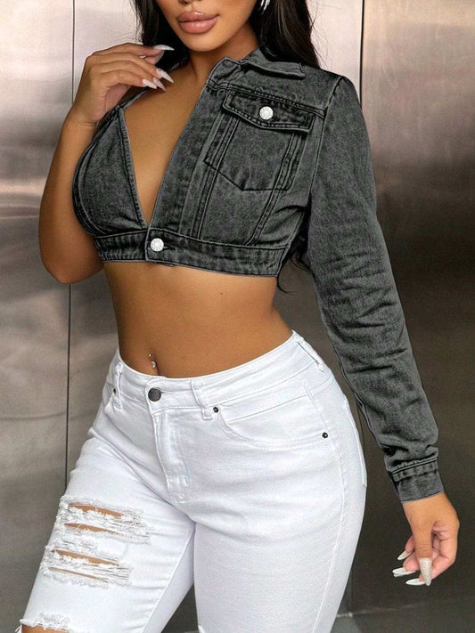 One Shoulder Long Sleeve Cropped Denim Top - Trendsi - Flyclothing LLC