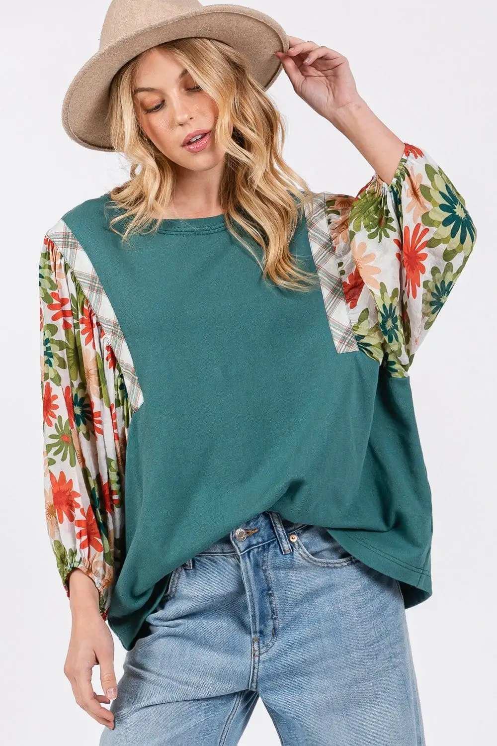 SAGE + FIG Full Size Printed Balloon Sleeve Contrast Top - Trendsi - Flyclothing LLC