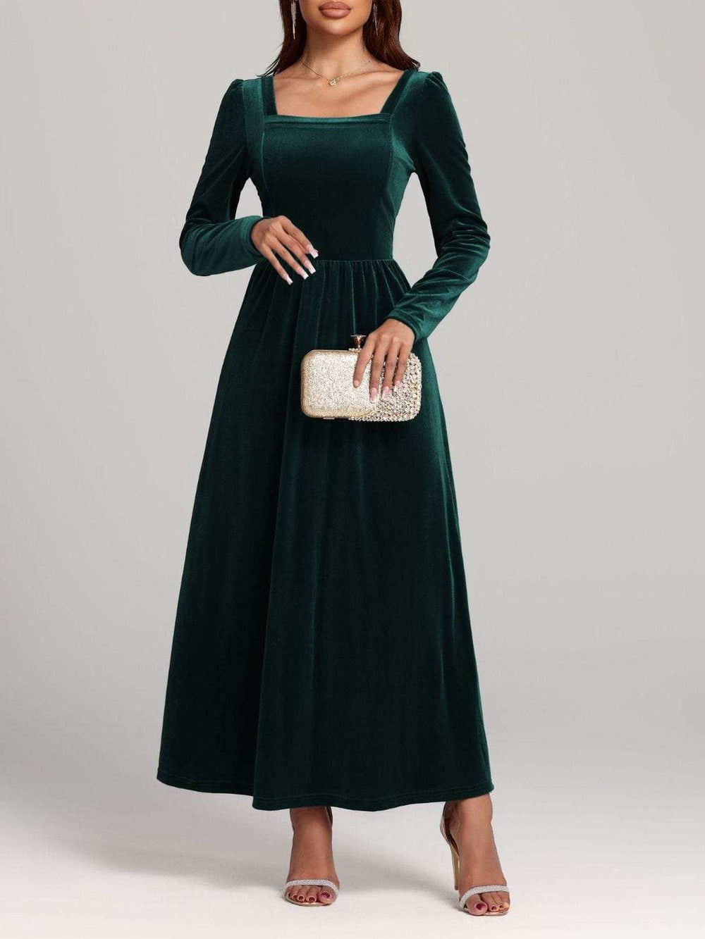 Velvet Square Neck Long Sleeve Dress - Trendsi - Flyclothing LLC