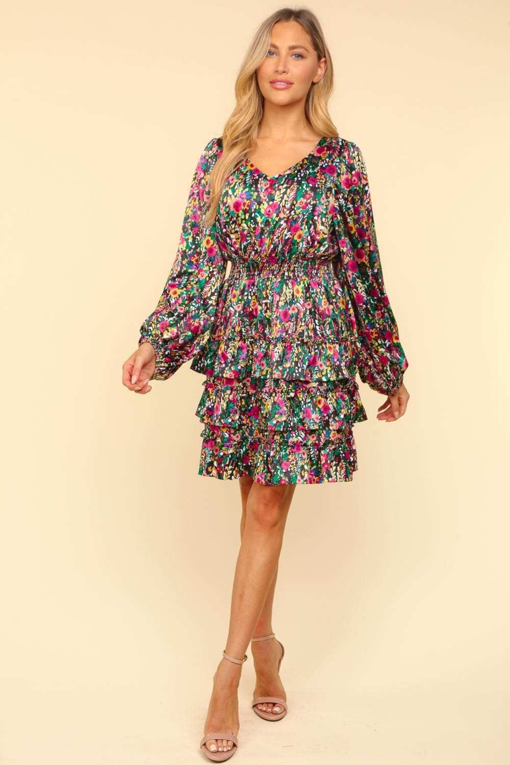 Haptics V-Neck Satin Floral Layered Dress - Trendsi - Flyclothing LLC