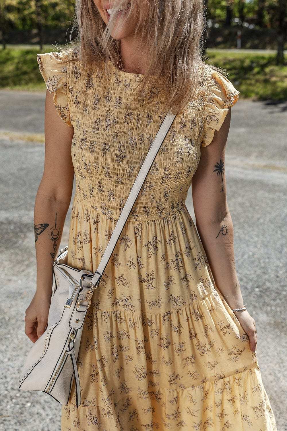 Floral Print Ruffle Cap Sleeve Smocked Flowy Dress - Trendsi - Flyclothing LLC