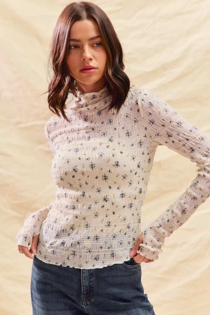 SO ME Floral Print Textured Long Sleeve Knit Top - Trendsi - Flyclothing LLC