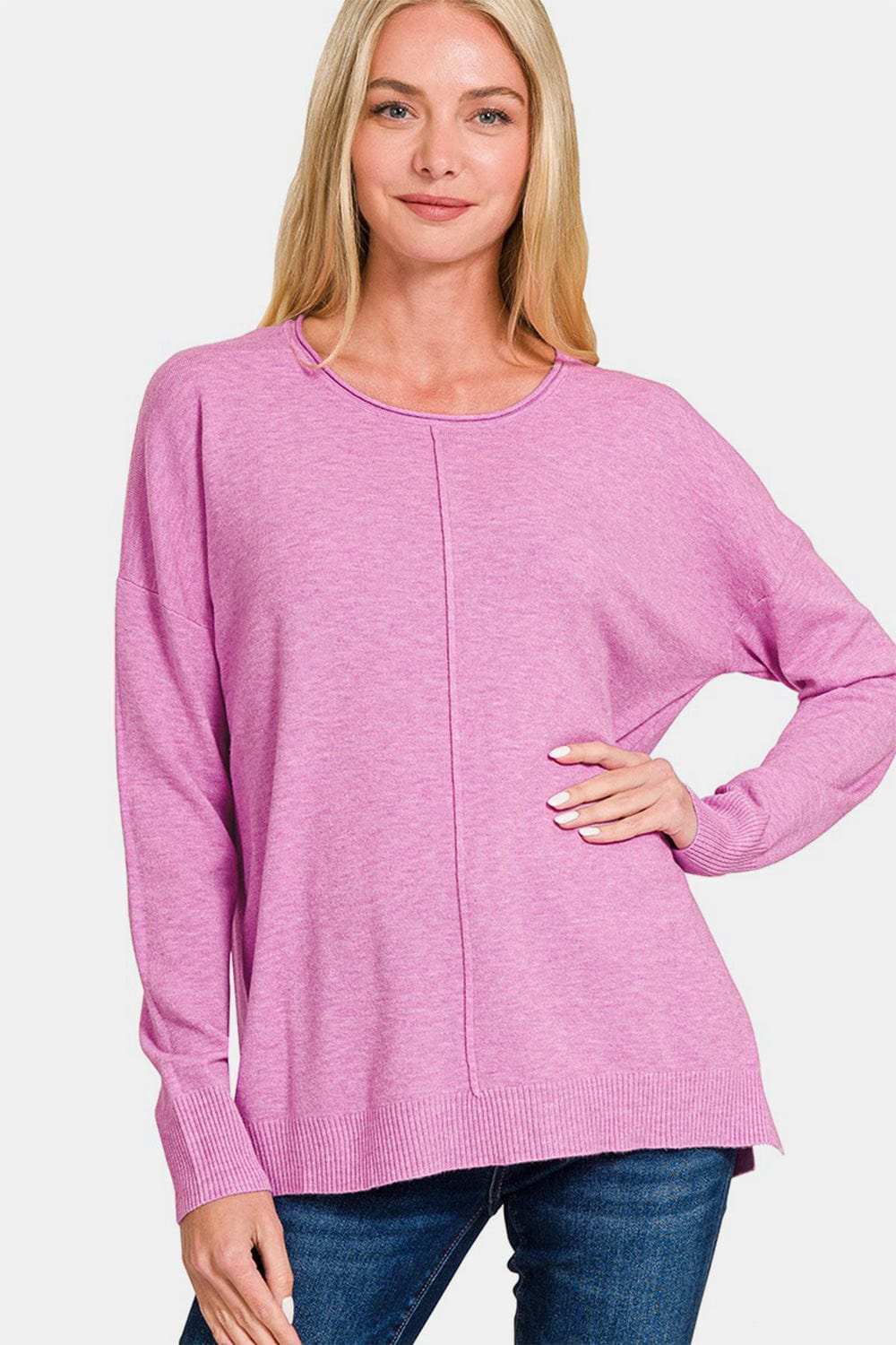 Zenana Front Seam Round Neck Sweater - Trendsi - Flyclothing LLC