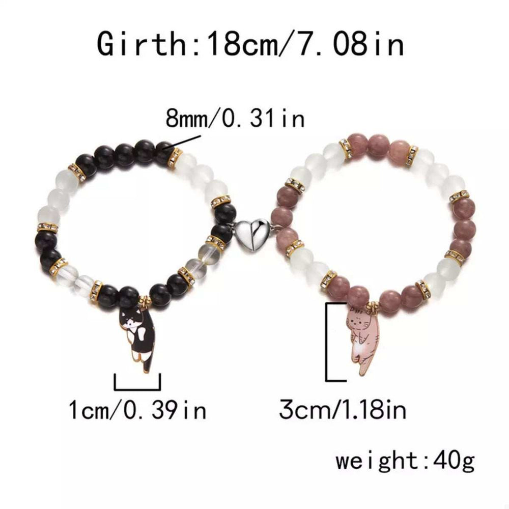 2 Piece Beaded Cat Charm Bracelet - Trendsi - Flyclothing LLC