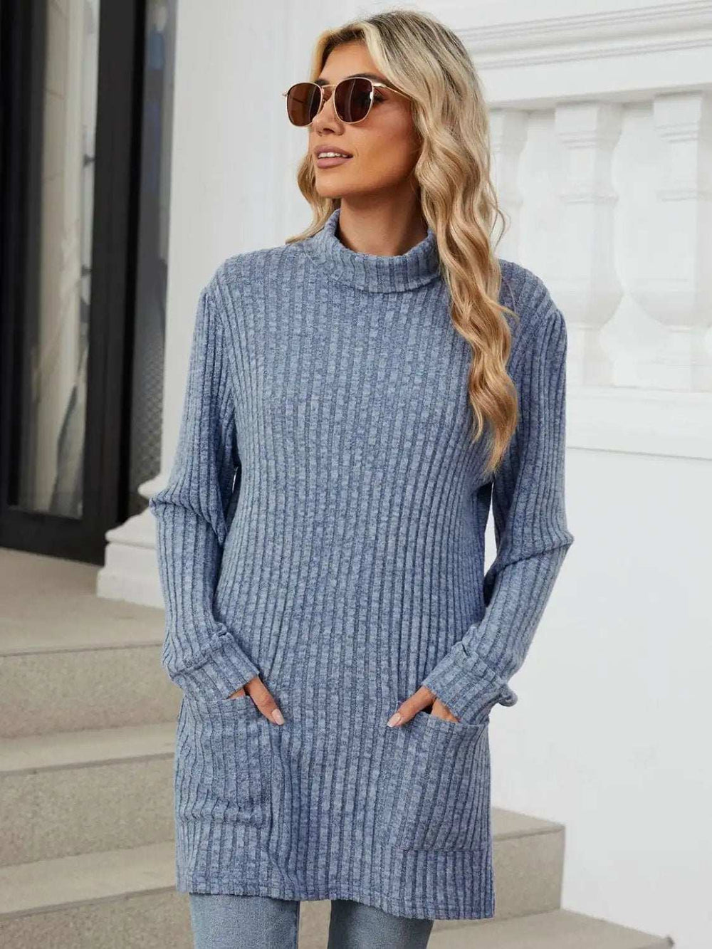 Ribbed Mock Neck Long Sleeve T-Shirt - Trendsi - Flyclothing LLC