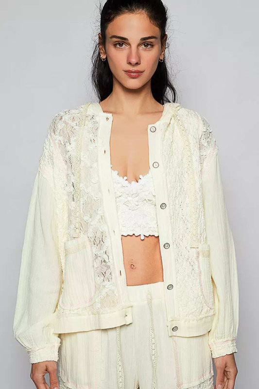 POL Exposed Seam Button Down Hooded Jacket with Lace Detail - Trendsi - Flyclothing LLC
