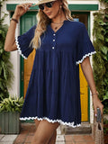 Contrast Trim Notched Short Sleeve Mini Dress - Trendsi - Flyclothing LLC