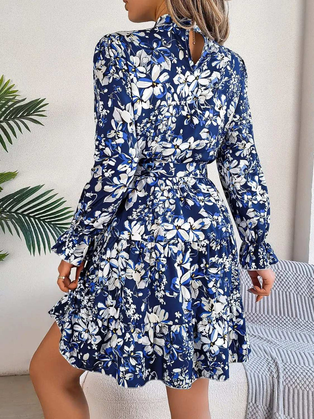 Printed Mock Neck Flounce Sleeve Mini Dress - Trendsi - Flyclothing LLC