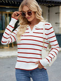 Striped Johnny Collar Long Sleeve Sweater - Trendsi - Flyclothing LLC