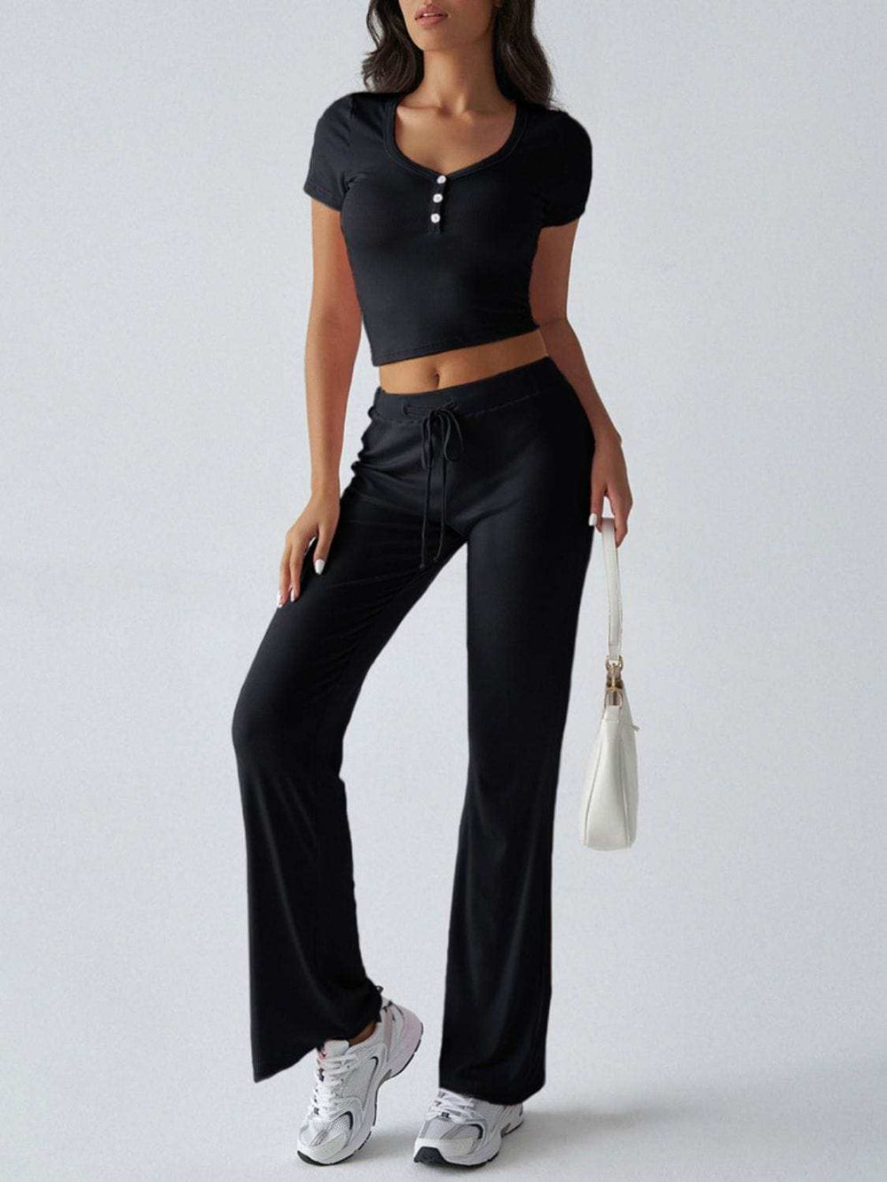 Devine Short Sleeve Top and Drawstring Pants Set - Trendsi - Flyclothing LLC
