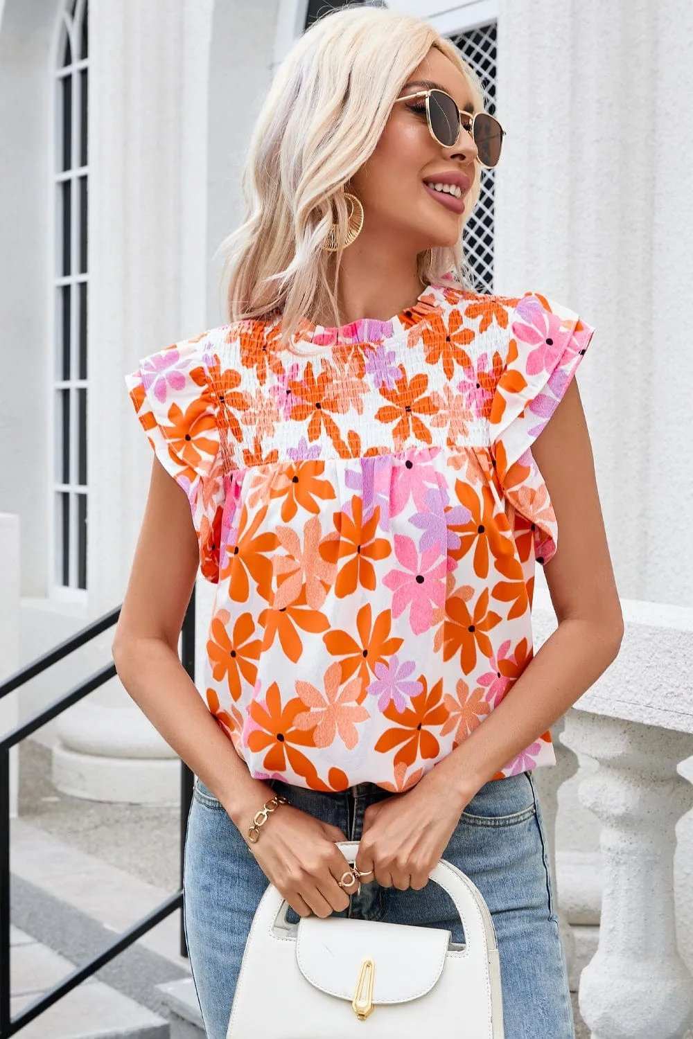 Printed Round Neck Cap Sleeve Blouse - Trendsi - Flyclothing LLC