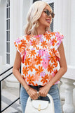 Printed Round Neck Cap Sleeve Blouse - Trendsi - Flyclothing LLC
