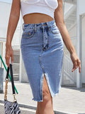 Raw Hem Slit Denim Skirt - Trendsi - Flyclothing LLC