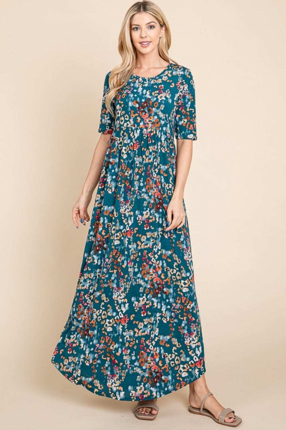 BOMBOM Printed Shirred Maxi Dress - Trendsi - Flyclothing LLC
