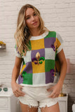 BiBi Sequin Embroidery Mardi Gras Checker Sweater Top - Trendsi - Flyclothing LLC