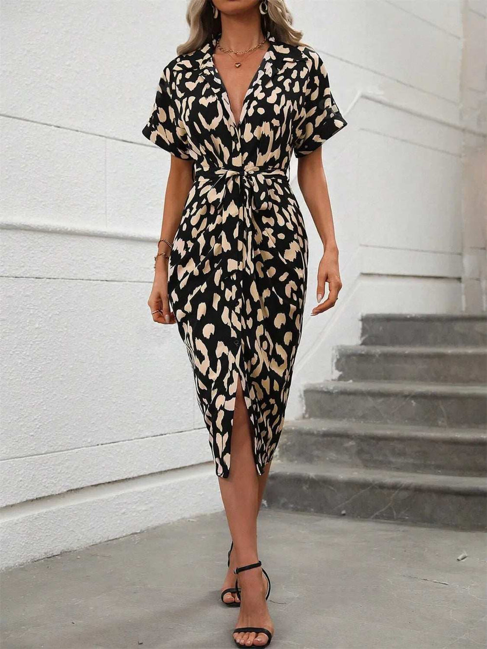 Short Sleeve Tie Waist Dress - Trendsi - Flyclothing LLC