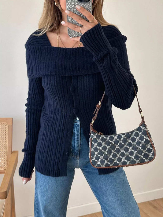 Textured Slit Front Long Sleeve Knit Top - Trendsi - Flyclothing LLC