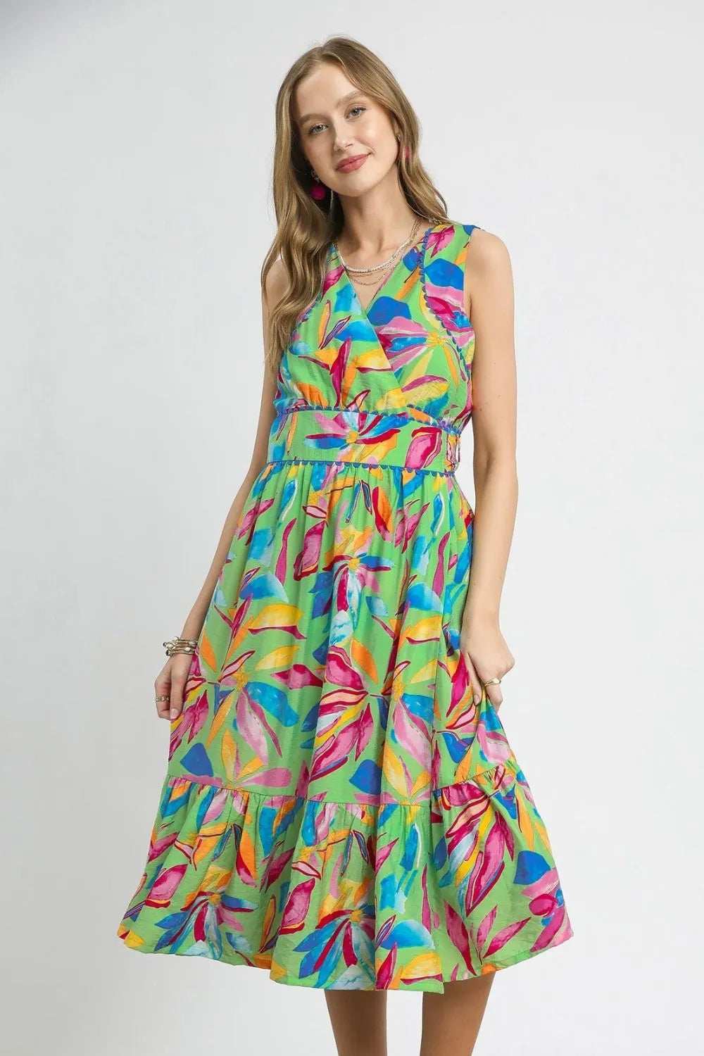 Umgee Ruffled Hem Printed Sleeveless Midi Dress - Trendsi - Flyclothing LLC