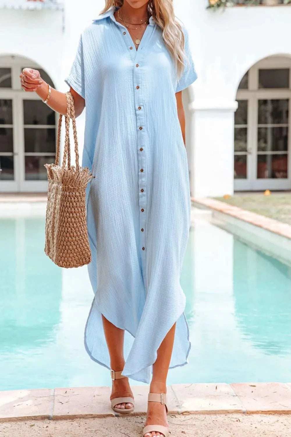Button Down Short Sleeve Midi Shirt Dress - Trendsi - Flyclothing LLC