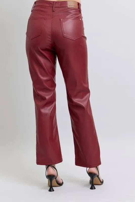 Judy Blue Full Size High Waist Tummy Control Faux Leather Straight Pants Plus Size - Trendsi - Flyclothing LLC