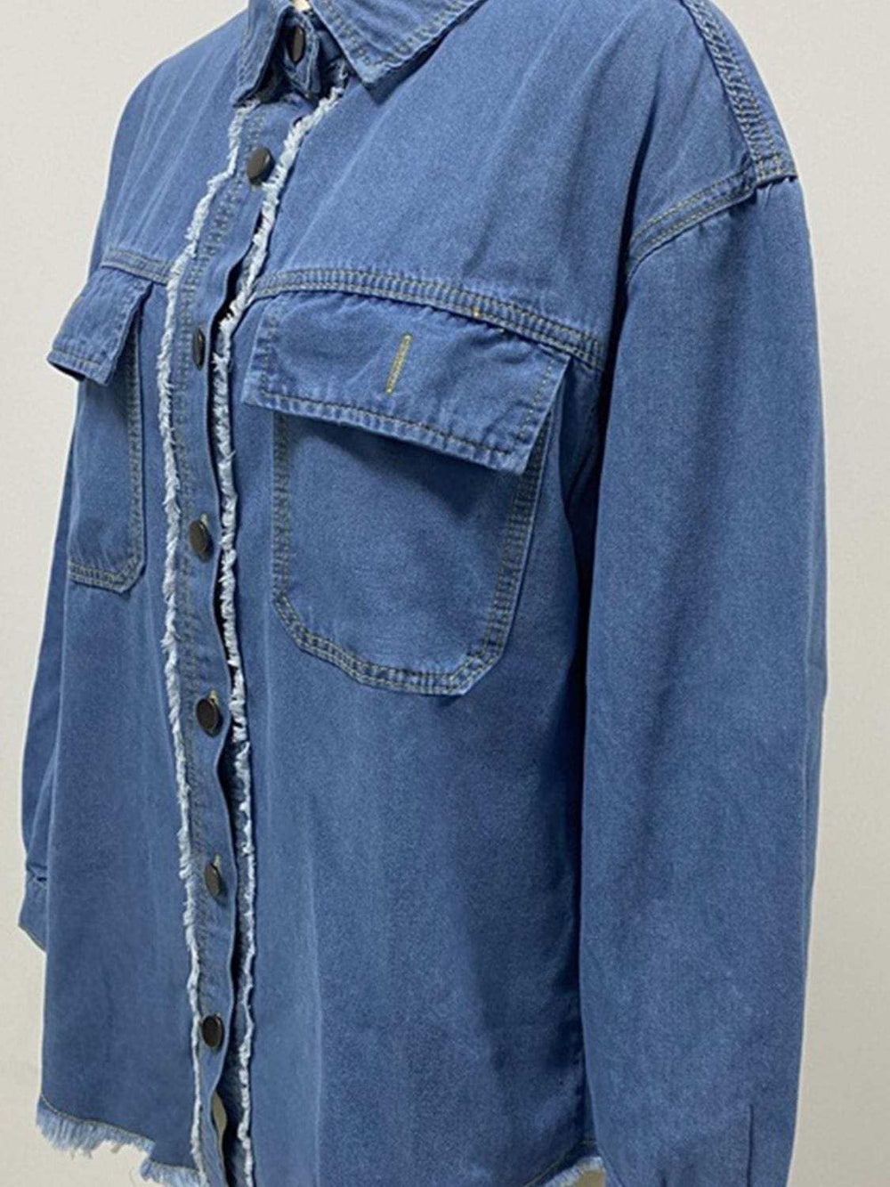 Pocketed Collared Neck Long Sleeve Denim Shirt - Trendsi - Flyclothing LLC