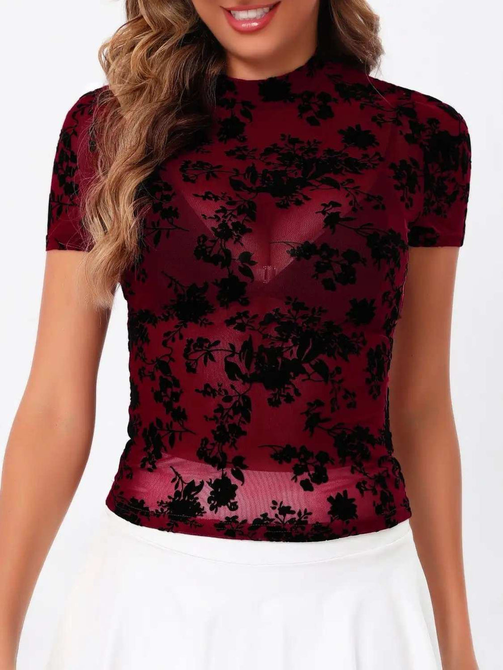 Mock Neck Short Sleeve Top - Trendsi - Flyclothing LLC