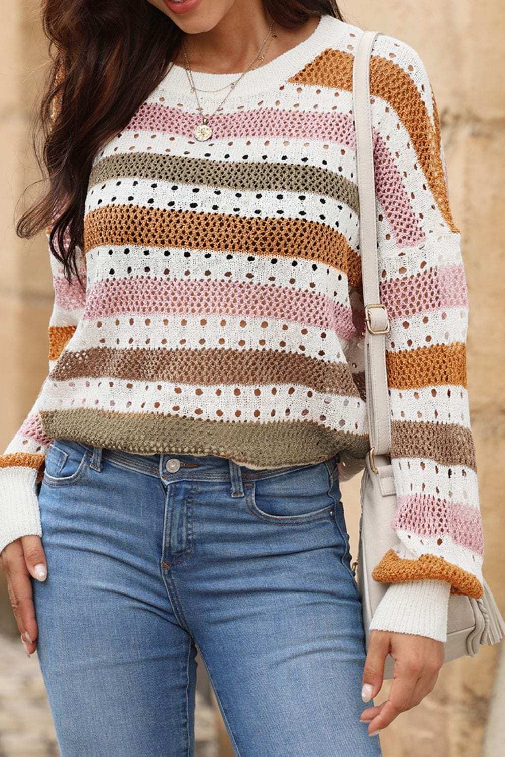 Striped Round Neck Hollowed Sweater - Trendsi - Flyclothing LLC
