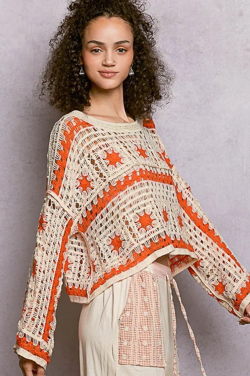 POL Boat Neck Long Sleeve Crochet Top with Granny Square Weaving - Trendsi - Flyclothing LLC