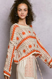 POL Boat Neck Long Sleeve Crochet Top with Granny Square Weaving - Trendsi - Flyclothing LLC