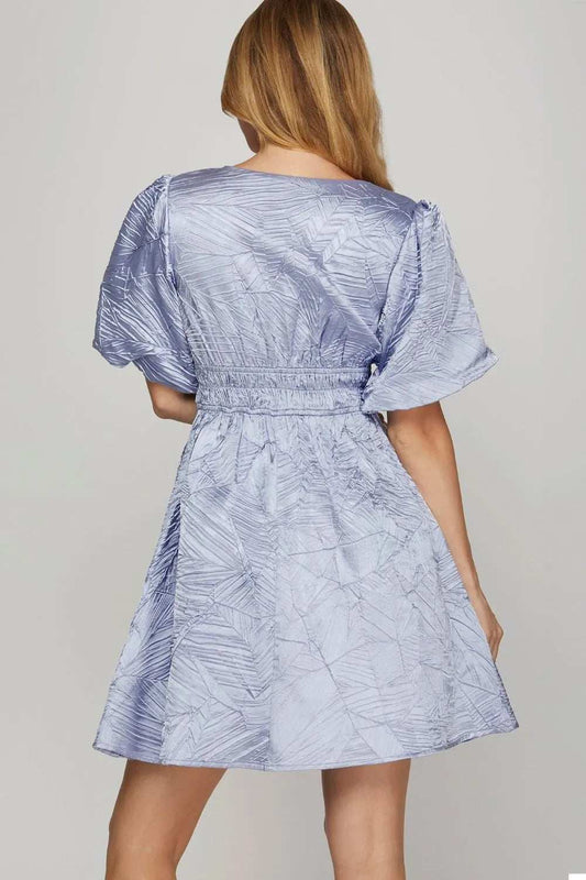 She + Sky Crinkle Woven V-Neck Balloon Sleeve Mini Dress - Trendsi - Flyclothing LLC