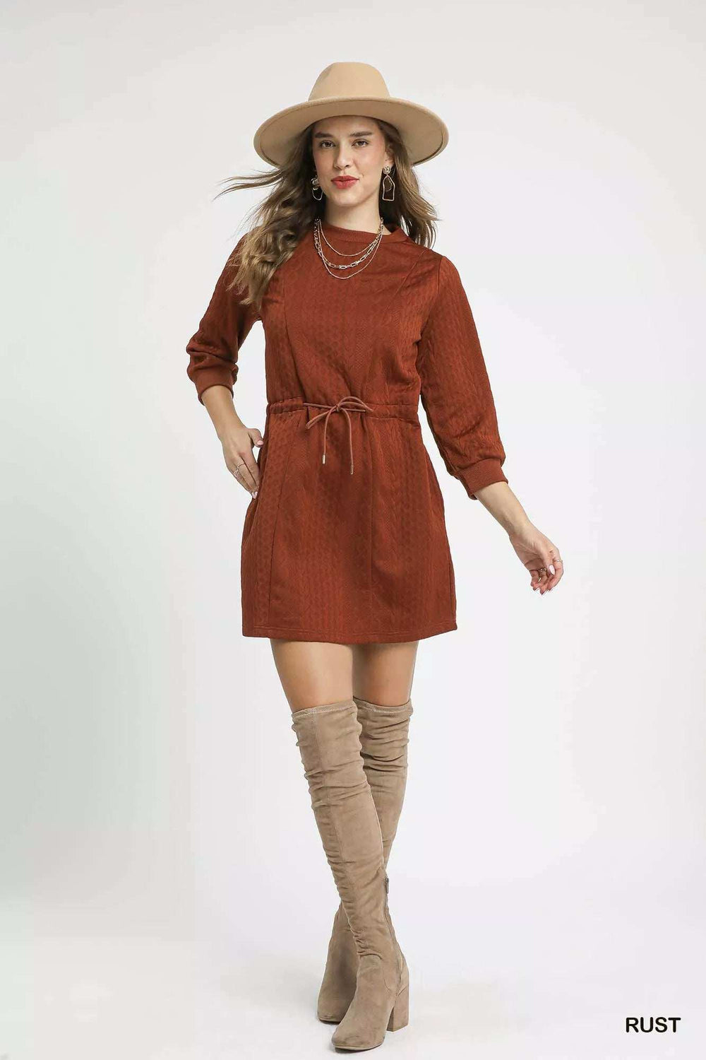 Umgee Drawstring Cable Knit Mini Dress with Pockets - Trendsi - Flyclothing LLC